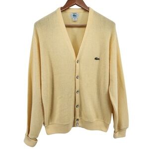 Vintage IZOD Lacoste Cardigan Sweater Mens Large Yellow Made USA Crocodile